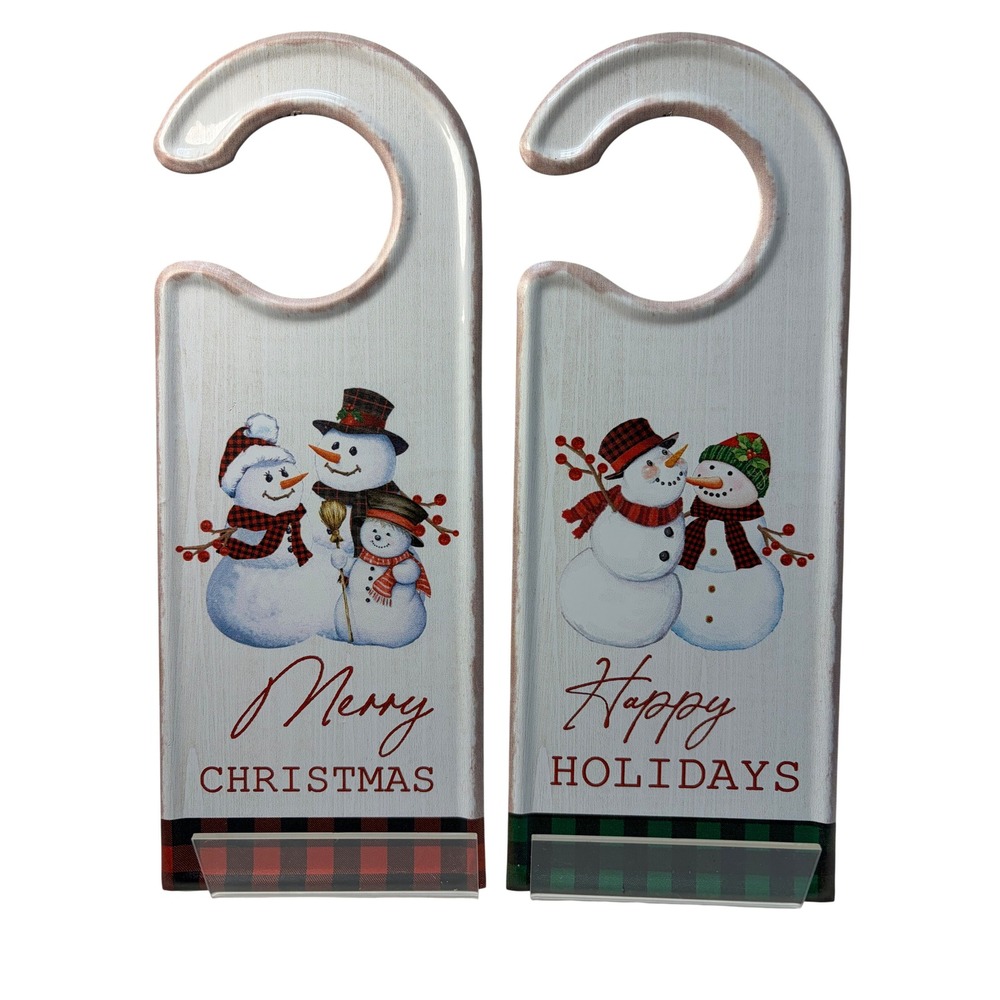 Set of 2 Metal Snowman Door Hangers Merry Christmas Happy Holidays Buffalo Plaid